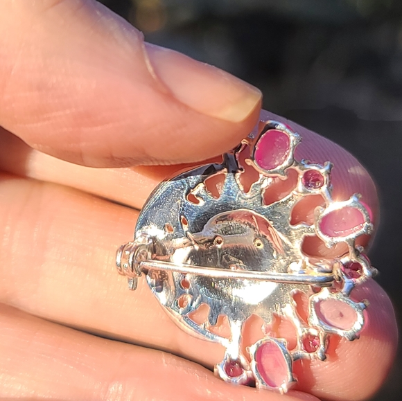 Pink star Ruby & Rhodolite sterling moon 🌙 & Sun ☀️ brooch - Picture 3 of 9